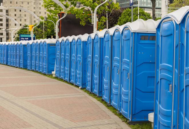 Seasonal porta potty units set up at a Minneapolis, Minnesota venue